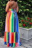 Euramerican Women Fashion Rainbow Stripe Printing Condole Belt Long Dress ED8502