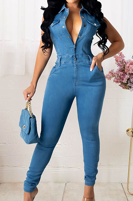 Blue Fashion Jeans Slim Fit Sleeveless Bondycon Jumpsuits JLX6085-2