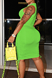 Neon Green Casual Round Neck Sleeveless Drawsting Pure Color Stretch Slim Fit Dress YYF8230-11