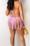 Pink Sexy Weaving Two Wear Short Tassel Beach Skirts QZ4345-2