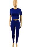 Blue Collect Waist Short Sleeve Long Pants Sports Sets DMM8170-3