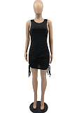 Black Casual Round Neck Sleeveless Drawsting Pure Color Stretch Slim Fit Dress YYF8230-1