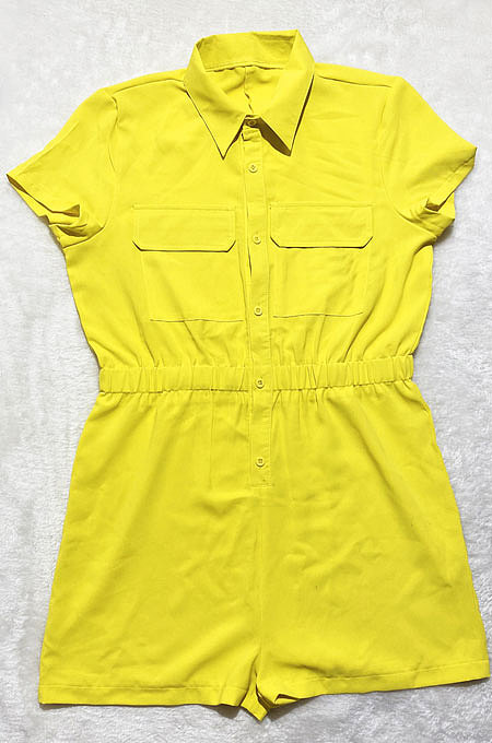 Yellow Euramerican Women Casual Loose Double Pocket Pure Color Short Sleeve Overalls Romper Shorts SDD9365-7