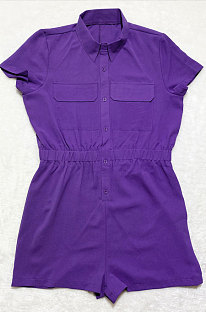 Purple Euramerican Women Casual Loose Double Pocket Pure Color Short Sleeve Overalls Romper Shorts SDD9365-8