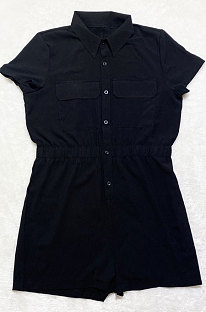 Black Euramerican Women Casual Loose Double Pocket Pure Color Short Sleeve Overalls Romper Shorts SDD9365-4