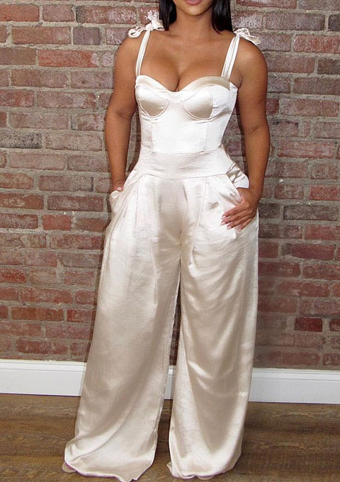 Silvery White Fashion Sexy Satin Sling Bind Collcet Waist Wide Leg Jumpsuits BN9286-2