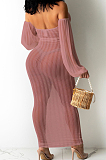 Lotus Root Pink Summer Personality Net Yarn PerspectiveA Word Shoulder Knotted Strap Dress QZ4347-5