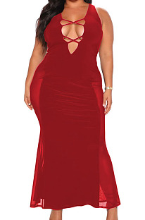 Red Fashion Big Yards Sexy Net Yarn Hollow Out Spliced Long Dress HG127-2