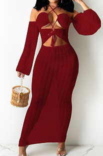Wine Red Summer Personality Net Yarn PerspectiveA Word Shoulder Knotted Strap Dress QZ4347-3