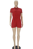 Red Euramerican Women Casual Loose Double Pocket Pure Color Short Sleeve Overalls Romper Shorts SDD9365-6