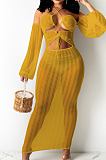 Yellow Summer Personality Net Yarn PerspectiveA Word Shoulder Knotted Strap Dress QZ4347-4