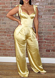Yellow Fashion Sexy Satin Sling Bind Collcet Waist Wide Leg Jumpsuits BN9286-1
