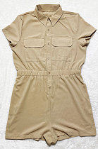 Khaki Euramerican Women Casual Loose Double Pocket Pure Color Short Sleeve Overalls Romper Shorts SDD9365-2