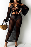 Black Summer Personality Net Yarn PerspectiveA Word Shoulder Knotted Strap Dress QZ4347-1