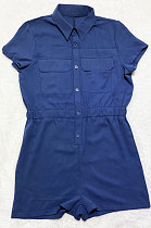 Dark Blue Euramerican Women Casual Loose Double Pocket Pure Color Short Sleeve Overalls Romper Shorts SDD9365-1