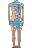 Sky Blue Euramerican Women Sexy Colorful Printing Bandage Mini Dress  AYW1009