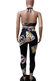 Black Women Fashion Sexy Printing Condole Belt Chest Wrap Pants Sets ZK6028