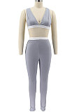 Gray Euramerican Women Pure Color Condole Belt Elastic Force Casual Sport Pants Sets KZ2119-3