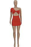 Red Women Sexy Tight Pure Color One Shoulder Backless Mini Dress  FFE161-1