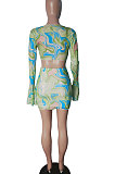 Light Green Trendy Euramerican Women Stripe Printing Horn Sleeve Skirts Sets CY1342