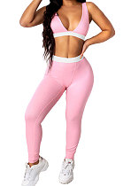 Pink Euramerican Women Pure Color Condole Belt Elastic Force Casual Sport Pants Sets KZ2119-2