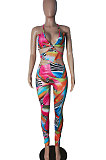 Pink Euramerican Women Bandage Printing Spliced Bodycon Jumpsuits CY1339