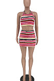 Pink Euramerican Women Colorful Stripe Skirts Sets AYW1007