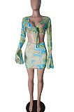 Light Green Trendy Euramerican Women Stripe Printing Horn Sleeve Skirts Sets CY1342