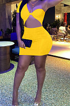 Yellow Women Sexy Tight Pure Color One Shoulder Backless Mini Dress  FFE161-2