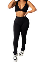 Black Euramerican Women Pure Color Condole Belt Elastic Force Casual Sport Pants Sets KZ2119-4