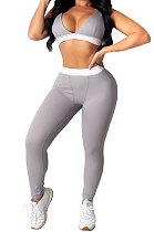 Gray Euramerican Women Pure Color Condole Belt Elastic Force Casual Sport Pants Sets KZ2119-3