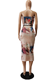 Apricot Sexy Boot Tube Top A Word Shoulder Positioning Printing A Line Skirt Two Piece CM2143-1
