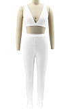 White Euramerican Women Pure Color Condole Belt Elastic Force Casual Sport Pants Sets KZ2119-1