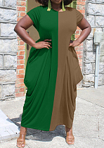 Green Euramerican Spliced Loose Round Neck Short Sleeve Irregularity Dress ALS260-4