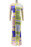 Yellow Round Neck Tight Printing Lady Long Dress KZ2120-1