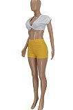 Yellow Euramerican Women Slim Fitting Short Sleeve V Neck Shorts Sets FFE153