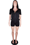 Black Casual Hoodie Zipper Short Sleeve Shorts Sports Sets BS1276-1