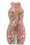 Brown Women Sexy Net Yarn Sleeveless Mini Dress PY817-1