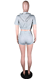 Grey Casual Sports Zipper Cardigan Shorts Three Piece N9294-1