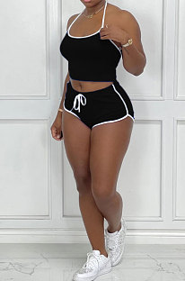 Black Euramerican Women Pure Color Halter Neck Sport Shorts Sets AMM8359-1