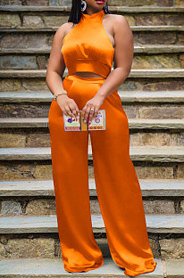 Orange Women Pure Color Sleeveless Top Casual Pants Sets NK254-5