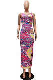 Purple Fashion Fake Two Piece Hollow Out One Shoulder Sling Slim Fitting Digital Print Dress CM2144-3