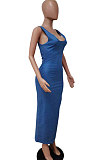 Blue Euramerican Women U Neck Condole Belt Tight Long Dress LD81007