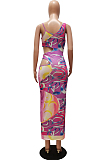 Purple Fashion Fake Two Piece Hollow Out One Shoulder Sling Slim Fitting Digital Print Dress CM2144-3