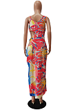 Red Fashion Fake Two Piece Hollow Out One Shoulder Sling Slim Fitting Digital Print Dress CM2144-1