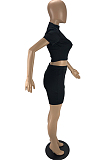 Black Fashion Casual Short Sleeve Zipper Shorts Tight Two Piece LYY9312-3