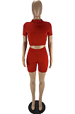 Red Fashion Casual Short Sleeve Zipper Shorts Tight Two Piece LYY9312-1