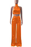 Orange Women Pure Color Sleeveless Top Casual Pants Sets NK254-5