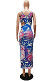 Blue Fashion Fake Two Piece Hollow Out One Shoulder Sling Slim Fitting Digital Print Dress CM2144-2
