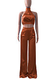 Coffee Women Pure Color Sleeveless Top Casual Pants Sets NK254-9